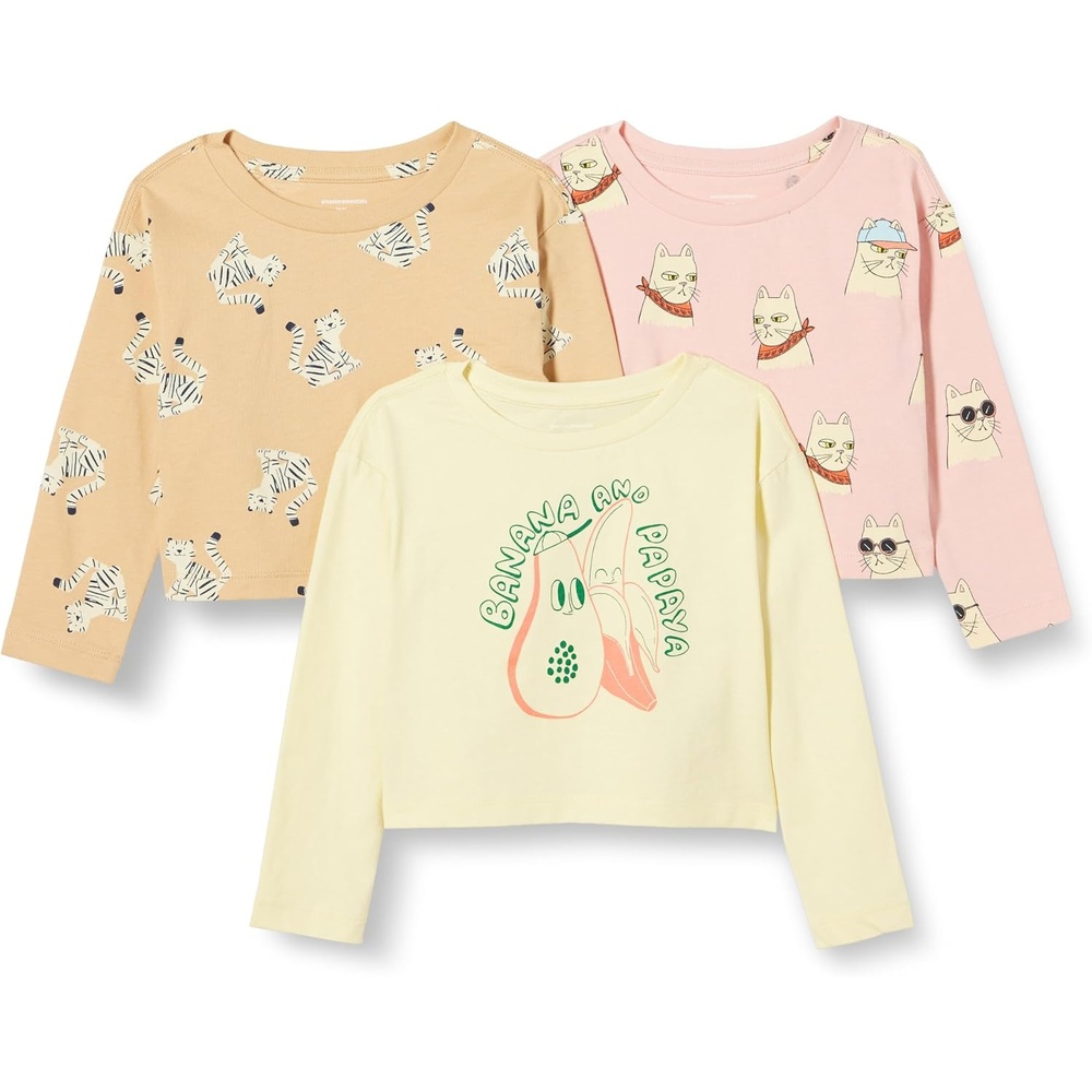 image:imageAmazon Essentials Babies Toddlers and Girls Long Sleeve Cotton TShirts Pack of 3Cool CatsTigerTropical Fruit
