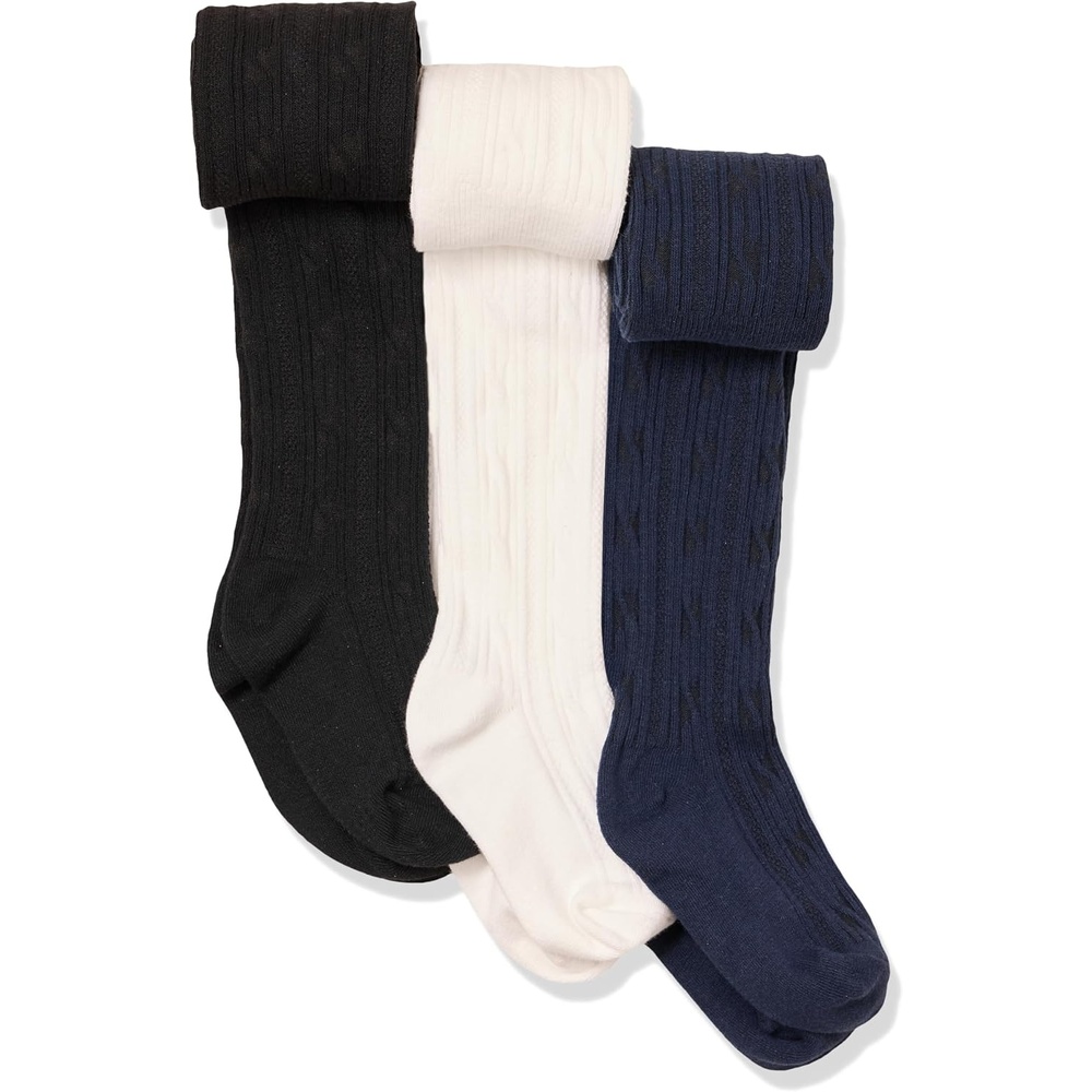 image:imageAmazon Essentials Girls Stretchy Cable Knit Tights Pack of 3WhiteBlackNavy