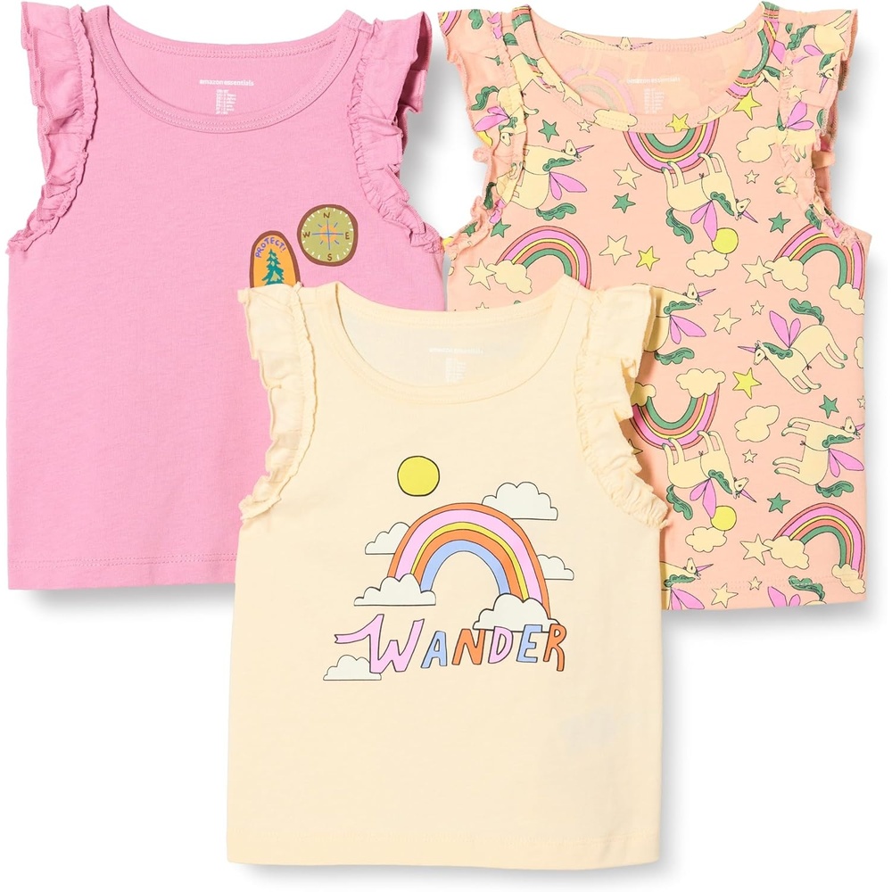 image:imageAmazon Essentials Girls and Toddlers Cotton Ruffle Tank Tops Pack of 3BadgesUnicornWander