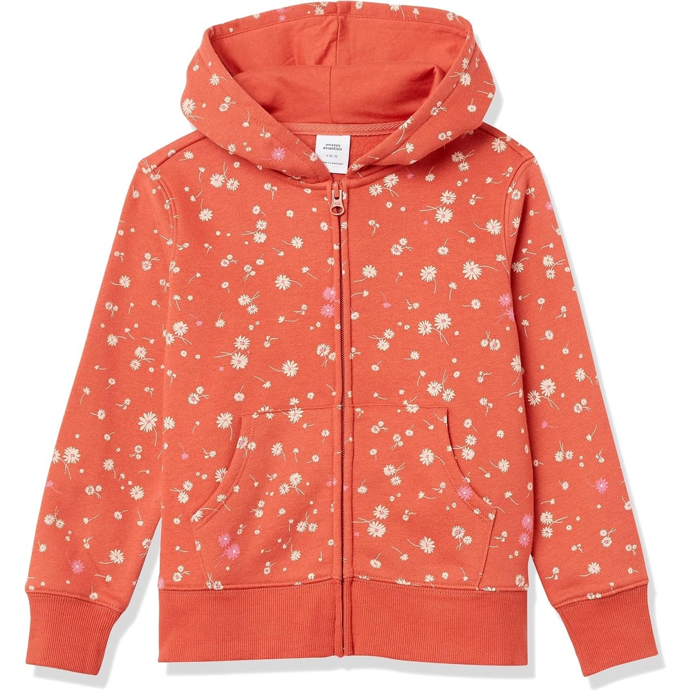 image:imageAmazon Essentials Girls and Toddlers Fleece ZipUp Hooded Sweatshirt with Lined Hood and Rib Knit DetailOrange Floral