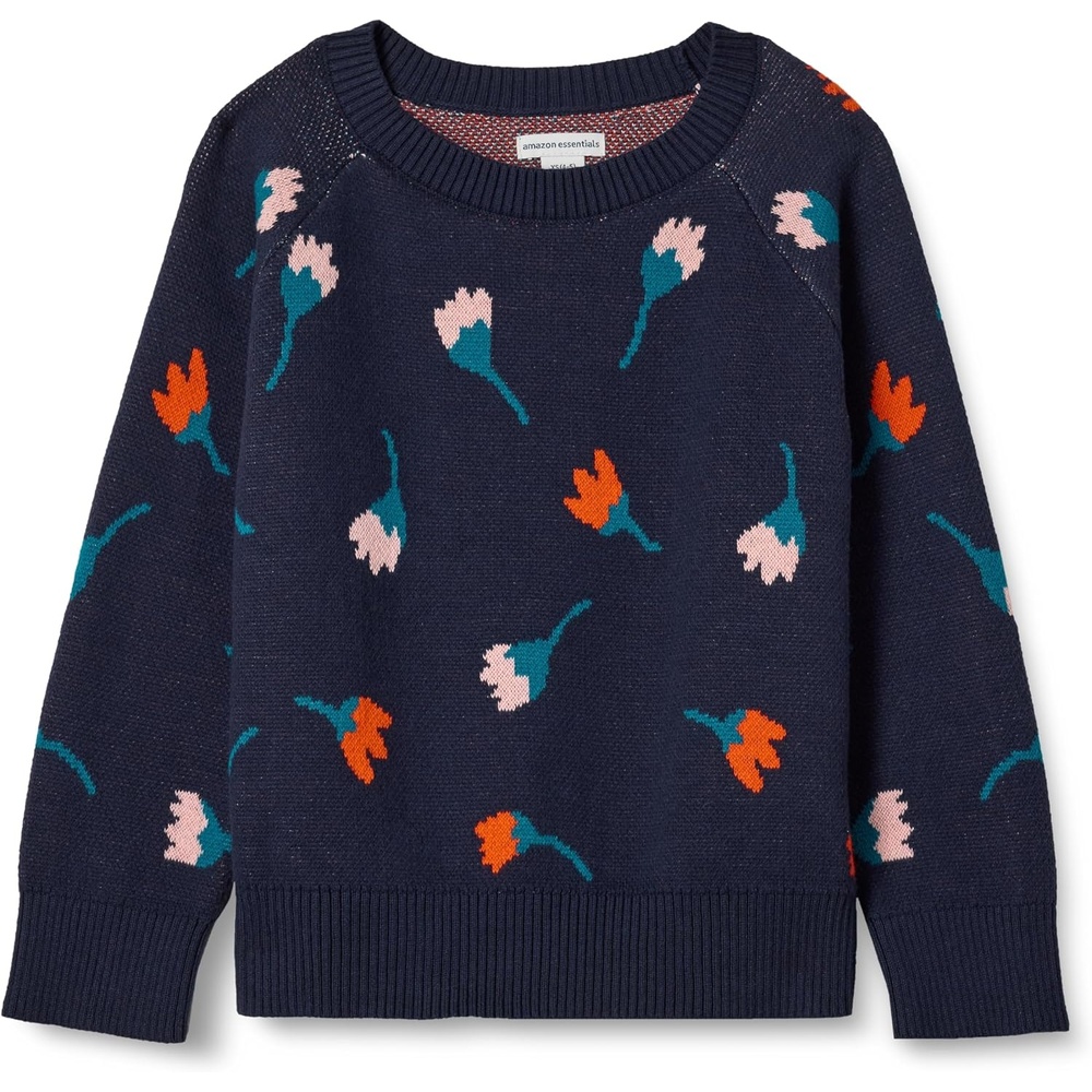 image:imageAmazon Essentials Girls and Toddlers Knitted Pullover Crewneck SweaterDark Navy Flower Stems