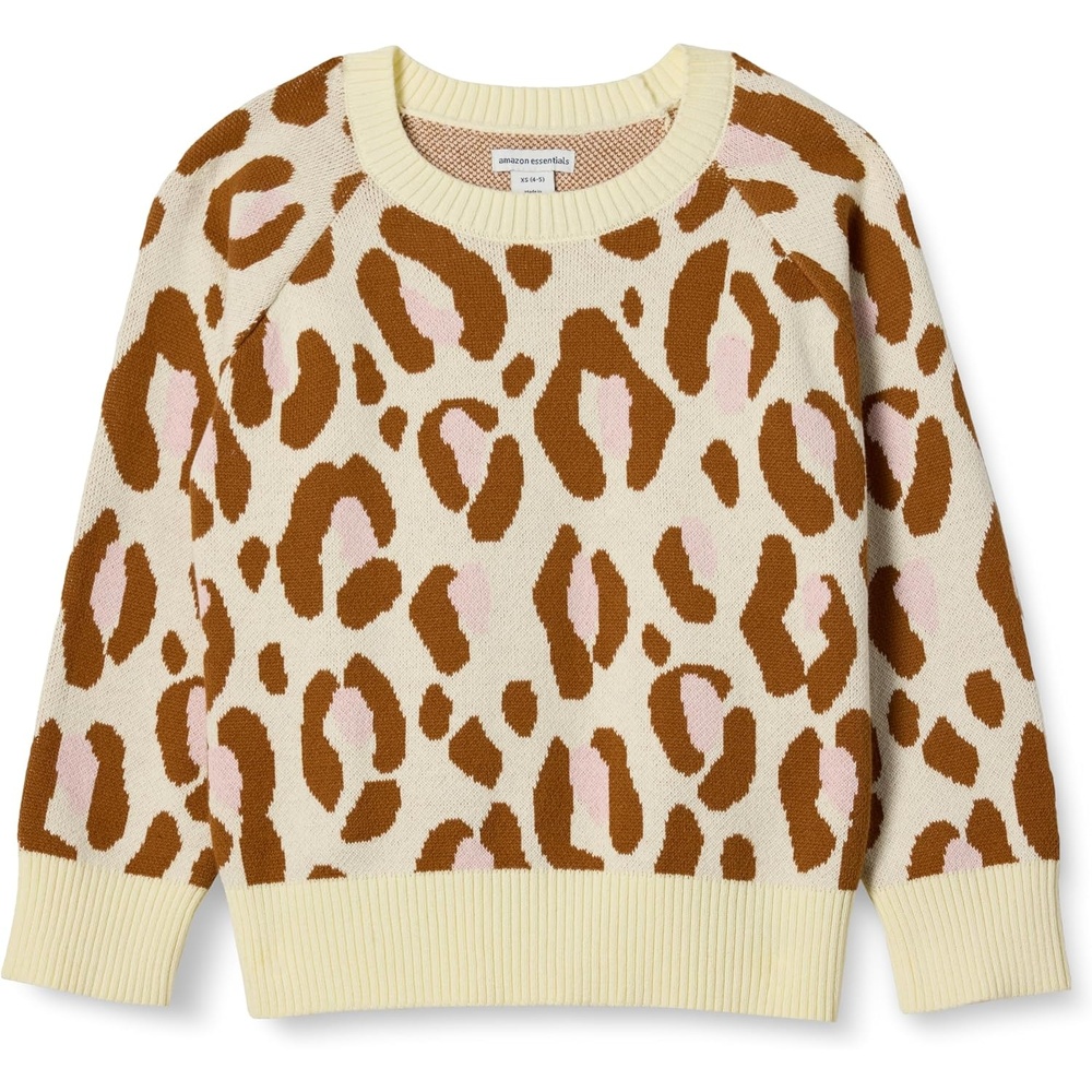 image:imageAmazon Essentials Girls and Toddlers Knitted Pullover Crewneck SweaterIvory Leopard