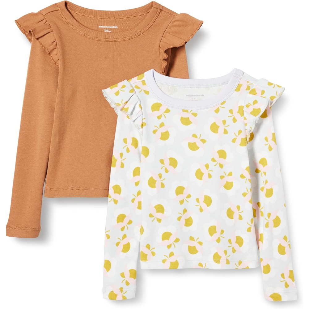 image:imageAmazon Essentials Girls and Toddlers Long Sleeve Ruffle TShirtLight CaramelGraphic Flower