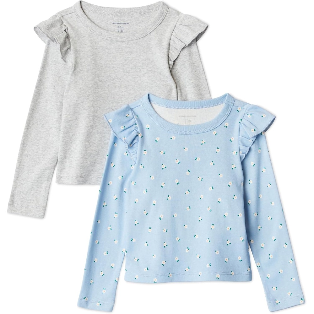 image:imageAmazon Essentials Girls and Toddlers Long Sleeve Ruffle TShirtLight Heather Grey Ditsy Floral