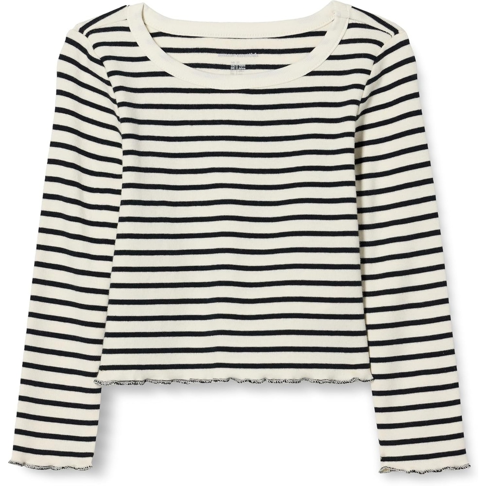 image:imageAmazon Essentials Girls and Toddlers LongSleeve Cropped Rib TopEggshell White Black French Stripes