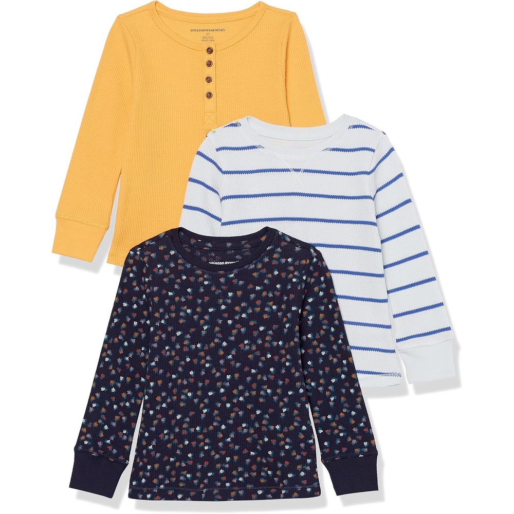 image:imageAmazon Essentials Girls and Toddlers LongSleeve Knit Thermal TShirts Pack of 3Navy FloralWhite StripeYellow