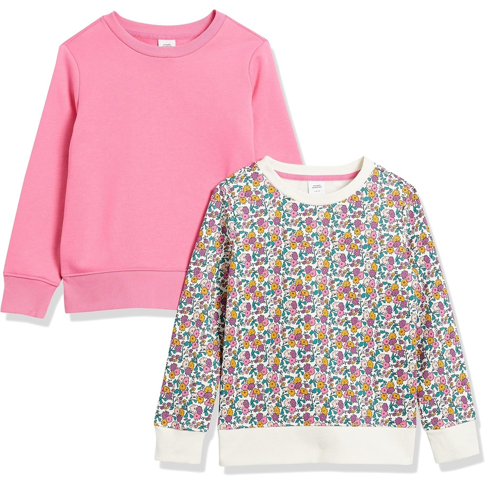 image:imageAmazon Essentials Girls and Toddlers Relaxed Fit Fleece Crewneck Pullover Sweatshirts Pack of 22pack Bright PinkMulti Ditsy Floral