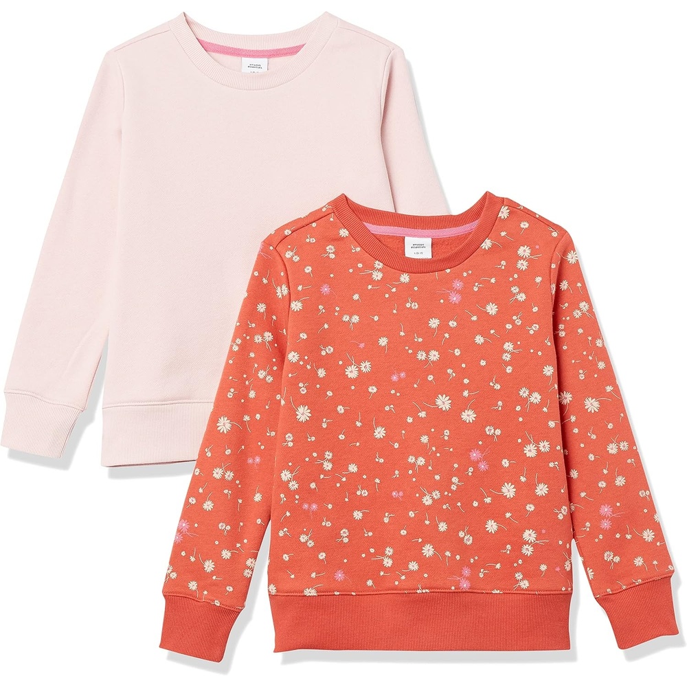 image:imageAmazon Essentials Girls and Toddlers Relaxed Fit Fleece Crewneck Pullover Sweatshirts Pack of 22pack Light MauveOrange Floral