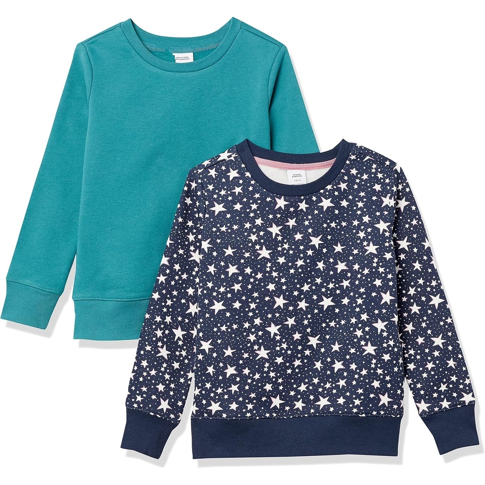 image:imageAmazon Essentials Girls and Toddlers Relaxed Fit Fleece Crewneck Pullover Sweatshirts Pack of 22pack TealNavy Stars