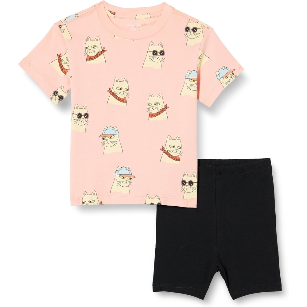 image:imageAmazon Essentials Girls and Toddlers Short Sleeve TShirt and Bike Short Set Pack of 2BlackCool Cats