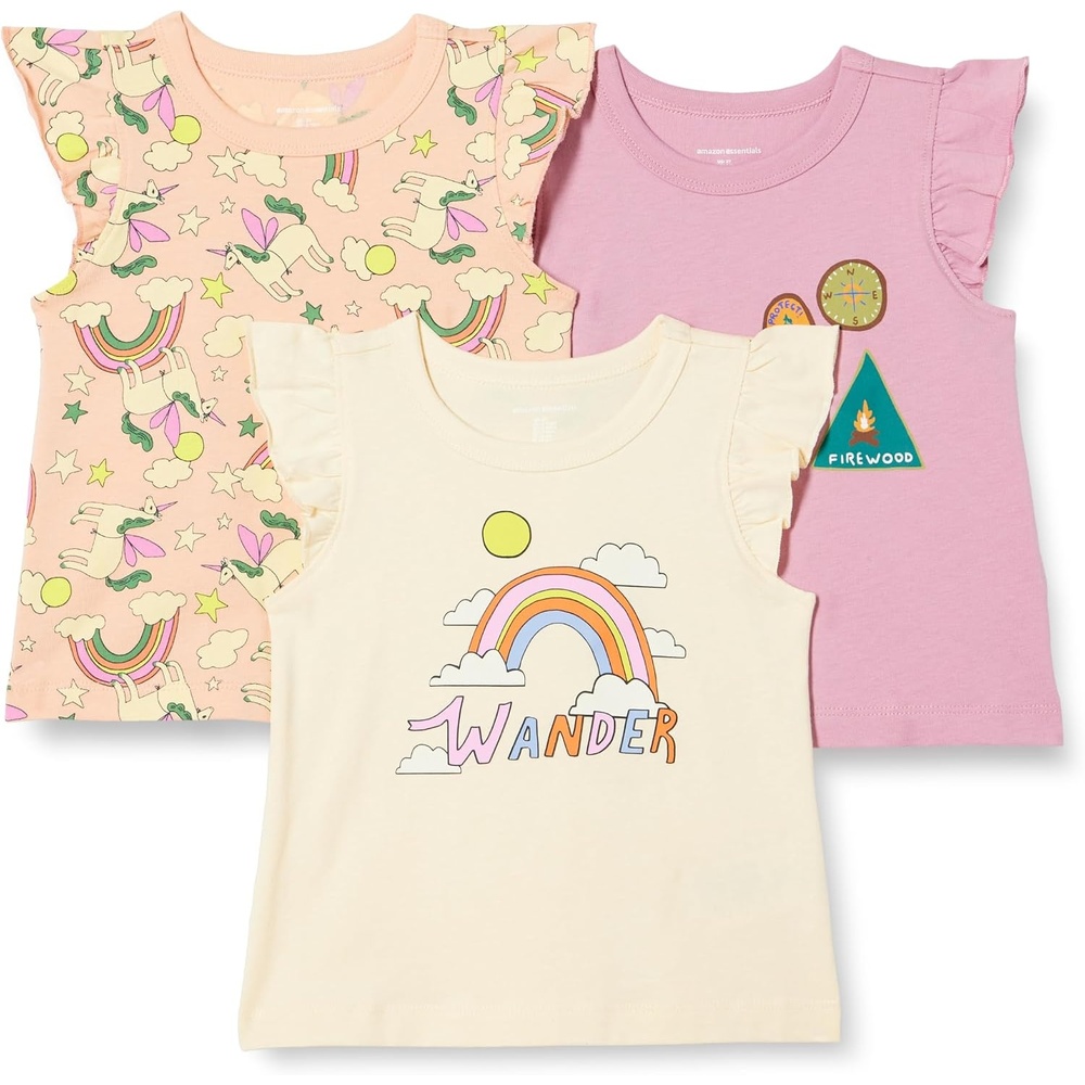 image:imageAmazon Essentials Girls and Toddlers Sleeveless Ruffle Sleeve TShirt Pack of 3BadgesUnicornWander