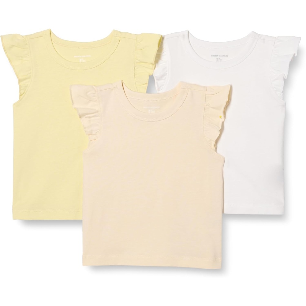 image:imageAmazon Essentials Girls and Toddlers Sleeveless Ruffle Sleeve TShirt Pack of 3BeigePale YellowWhite