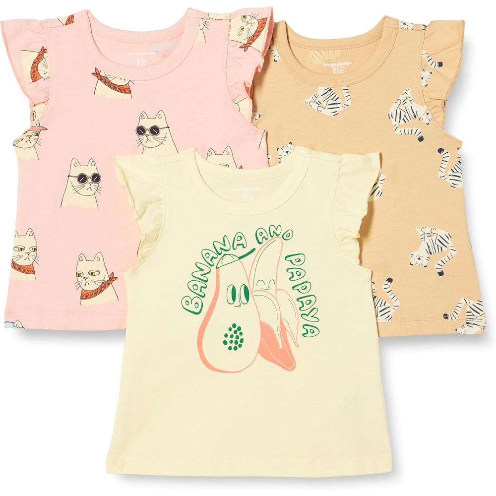 image:imageAmazon Essentials Girls and Toddlers Sleeveless Ruffle Sleeve TShirt Pack of 3Cool CatsTigerTropical Fruit