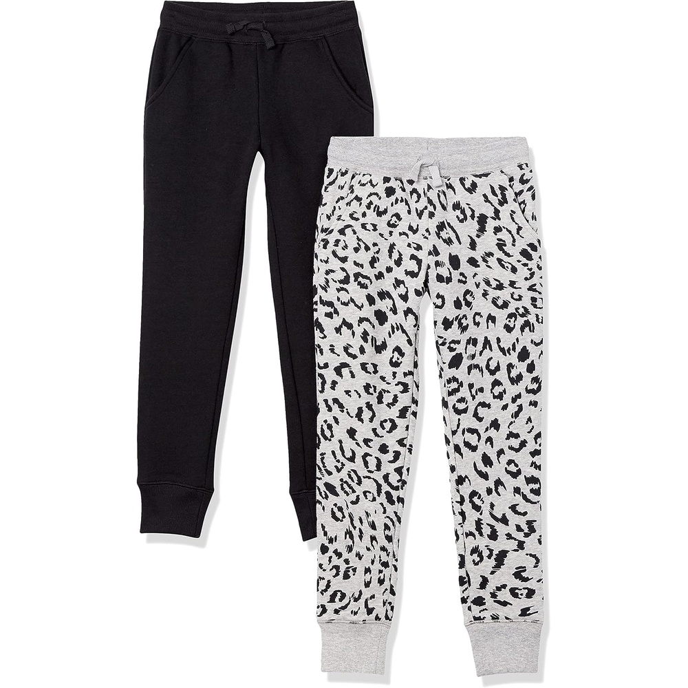 image:imageAmazon Essentials Girls and Toddlers Sweatpants with Elastic Waist and Drawstring MultipacksBlackLight Grey Heather Cheetah