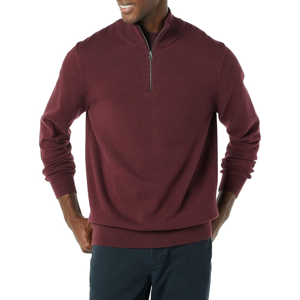 image:imageAmazon Essentials Mens 100 Cotton QuarterZip Mock Neck SweaterBurgundy