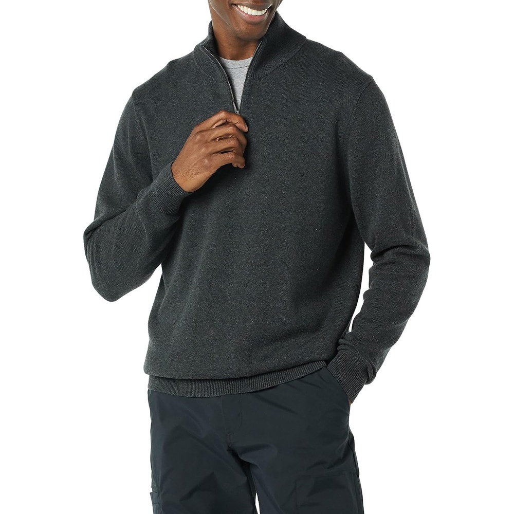 image:imageAmazon Essentials Mens 100 Cotton QuarterZip Mock Neck SweaterCharcoal Heather