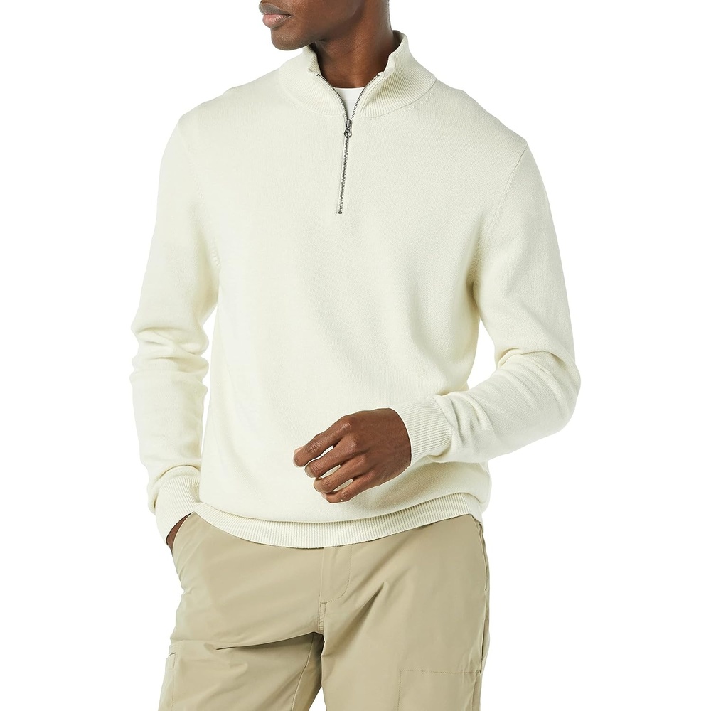 image:imageAmazon Essentials Mens 100 Cotton QuarterZip Mock Neck SweaterIvory