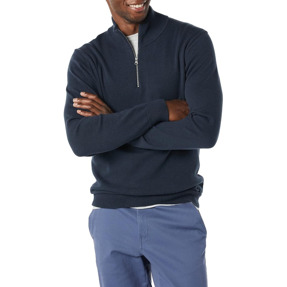 image:imageAmazon Essentials Mens 100 Cotton QuarterZip Mock Neck SweaterNavy