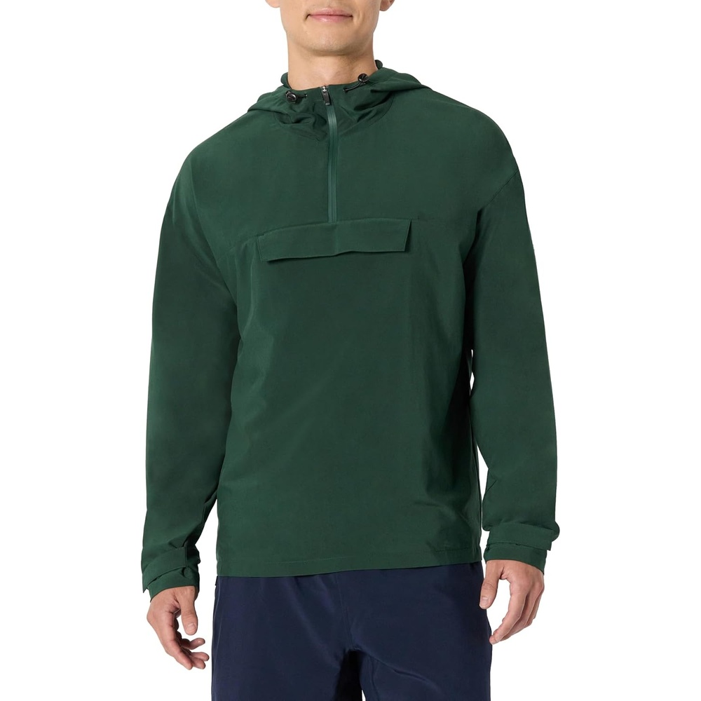 image:imageAmazon Essentials Mens Athletic Lightweight Stretch Woven Colorblock Anorak JacketDark Green