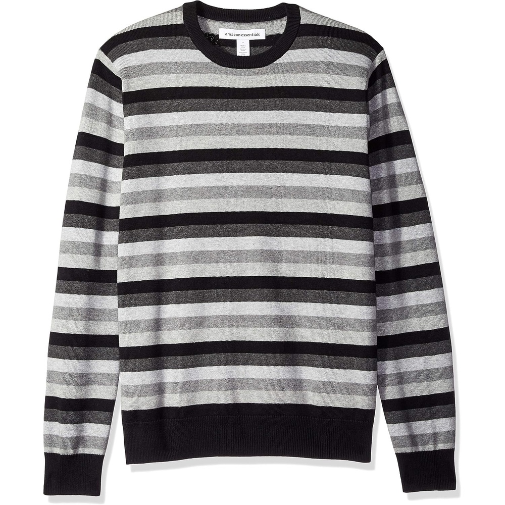 image:imageAmazon Essentials Mens Cable Knit LongSleeve Crewneck Sweater 100 Cotton Big amp Tall Options AvailableBlack Grey Stripe