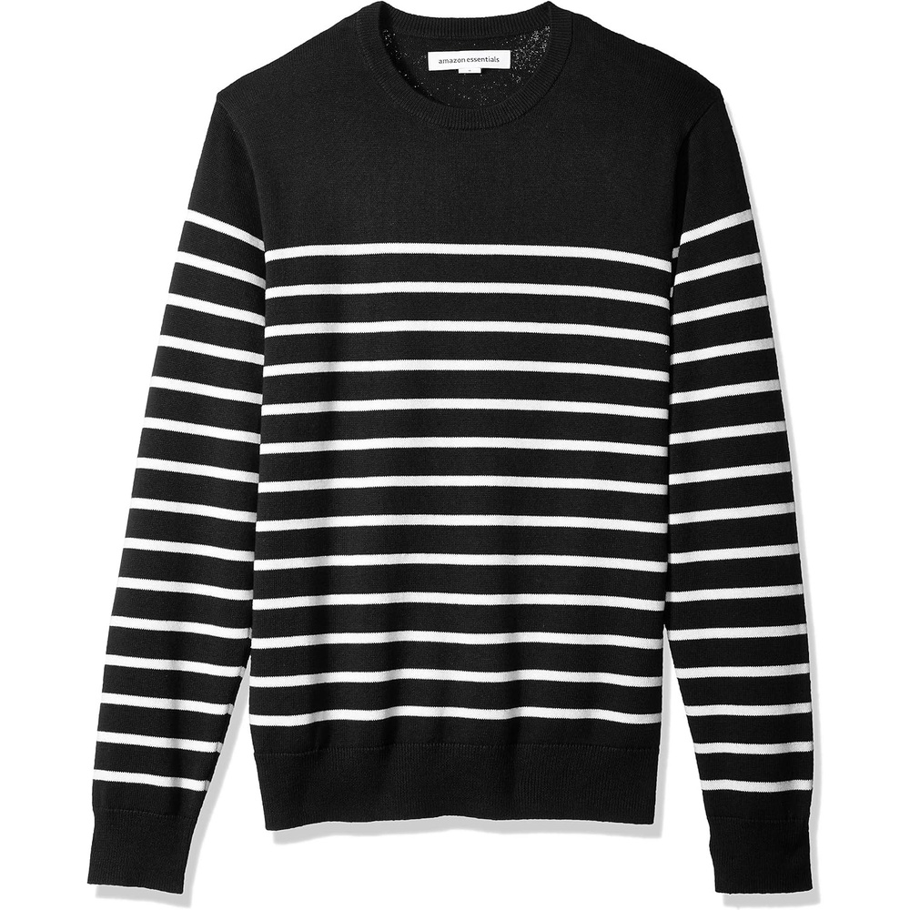 image:imageAmazon Essentials Mens Cable Knit LongSleeve Crewneck Sweater 100 Cotton Big amp Tall Options AvailableBlack White Placed Stripe