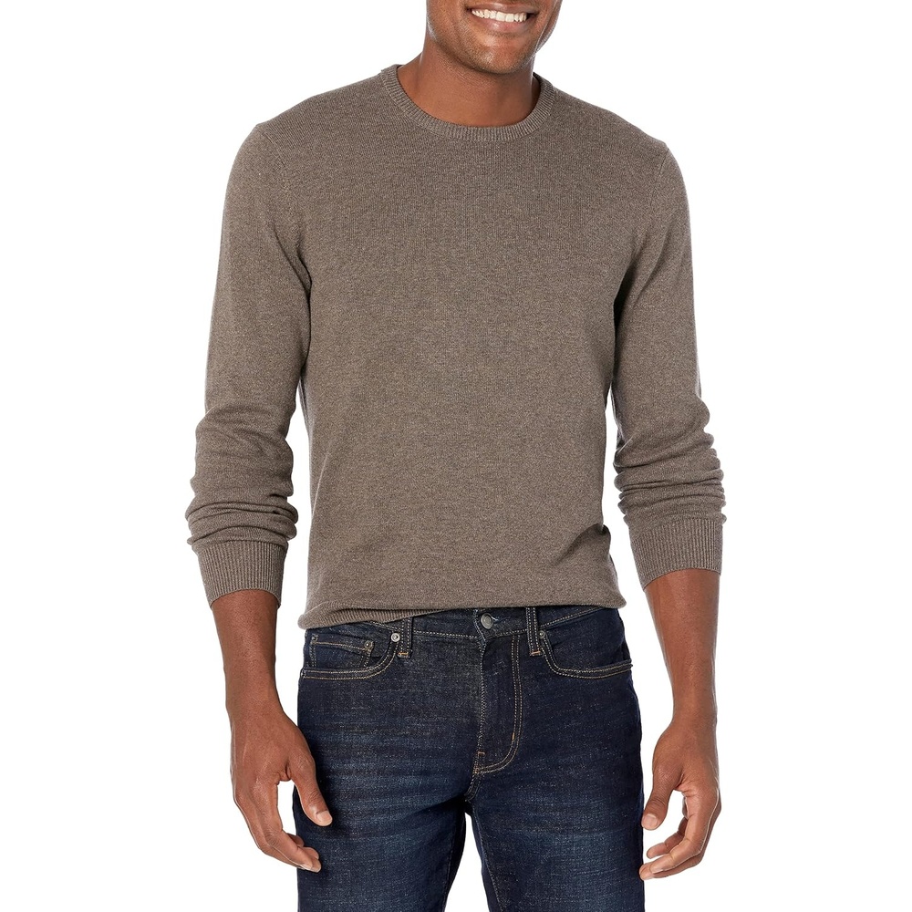 image:imageAmazon Essentials Mens Cable Knit LongSleeve Crewneck Sweater 100 Cotton Big amp Tall Options AvailableBrown Heather