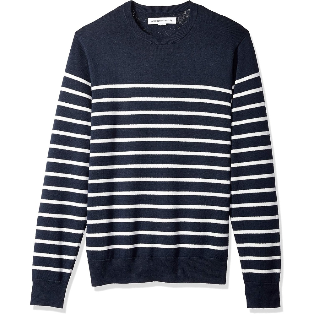 image:imageAmazon Essentials Mens Cable Knit LongSleeve Crewneck Sweater 100 Cotton Big amp Tall Options AvailableDark Navy White Stripe