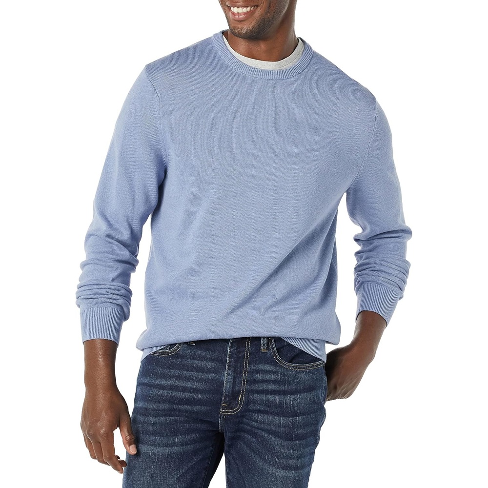 image:imageAmazon Essentials Mens Cable Knit LongSleeve Crewneck Sweater 100 Cotton Big amp Tall Options AvailableDusty Blue