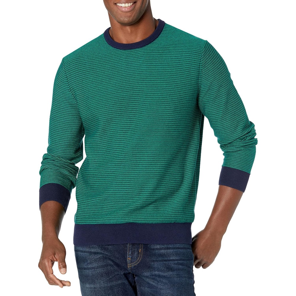 image:imageAmazon Essentials Mens Cable Knit LongSleeve Crewneck Sweater 100 Cotton Big amp Tall Options AvailableEmerald Green Stripe