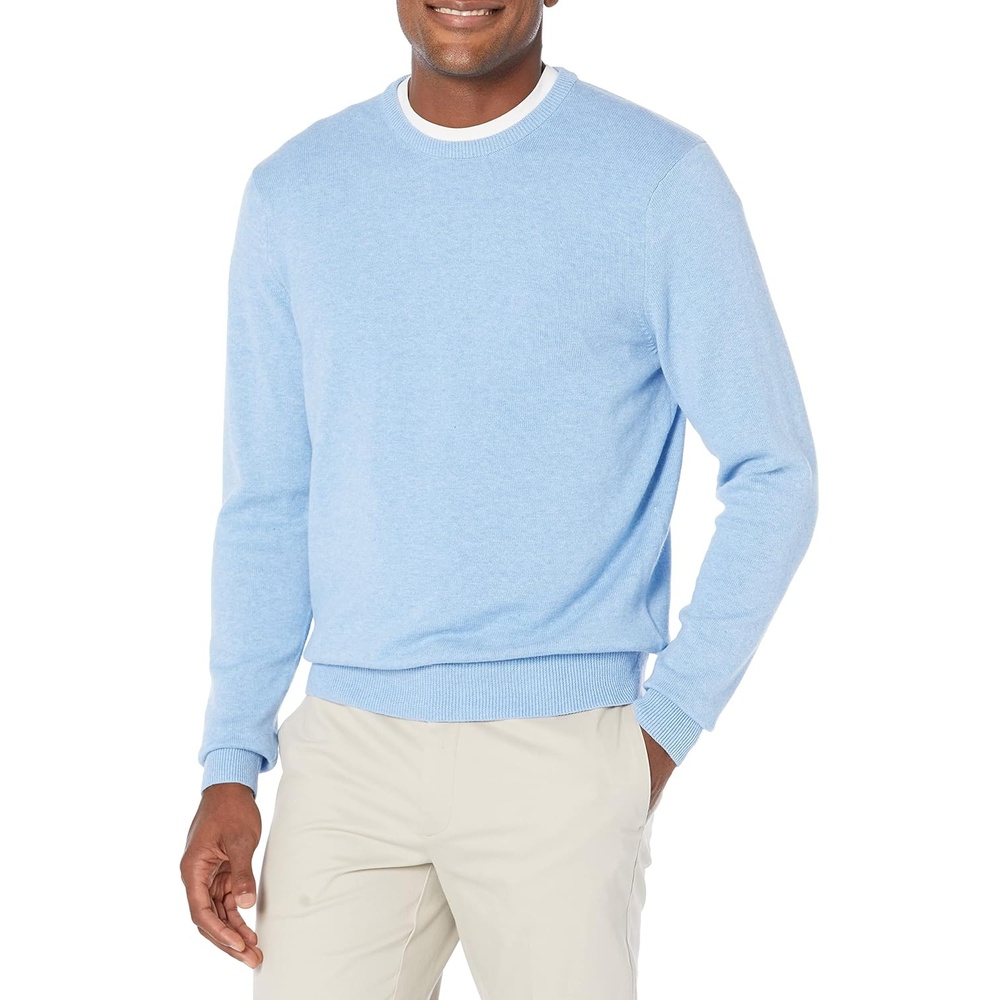 image:imageAmazon Essentials Mens Cable Knit LongSleeve Crewneck Sweater 100 Cotton Big amp Tall Options AvailableLight Blue Heather