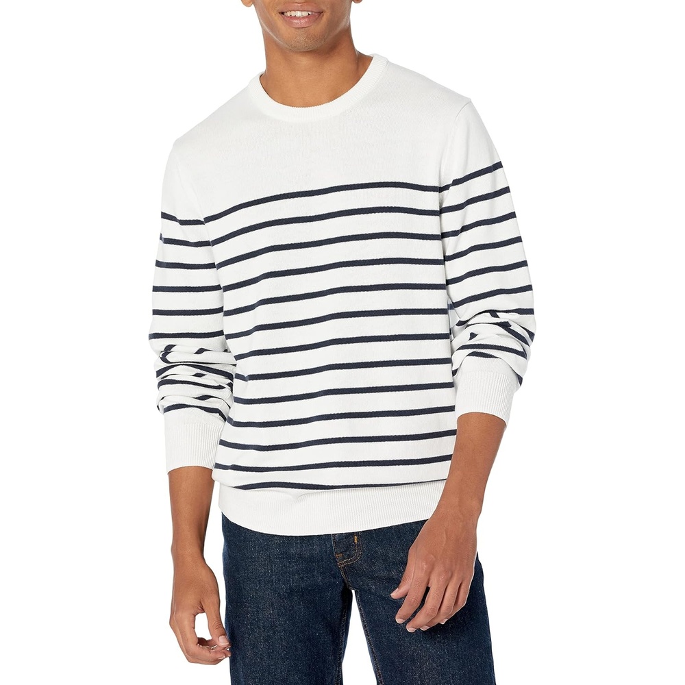 image:imageAmazon Essentials Mens Cable Knit LongSleeve Crewneck Sweater 100 Cotton Big amp Tall Options AvailableNavy White Placed Stripe