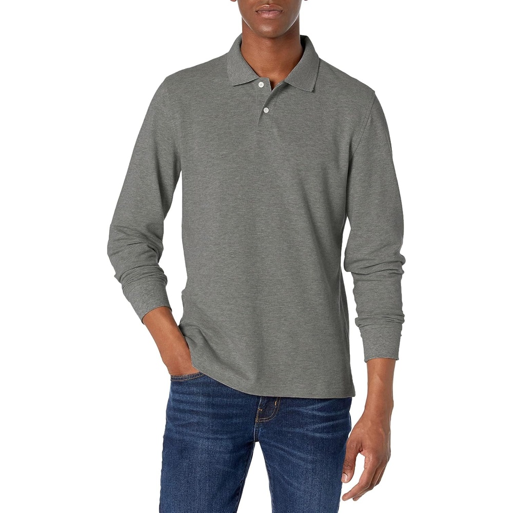 image:imageAmazon Essentials Mens LongSleeve Pique Polo ShirtMedium Grey Heather