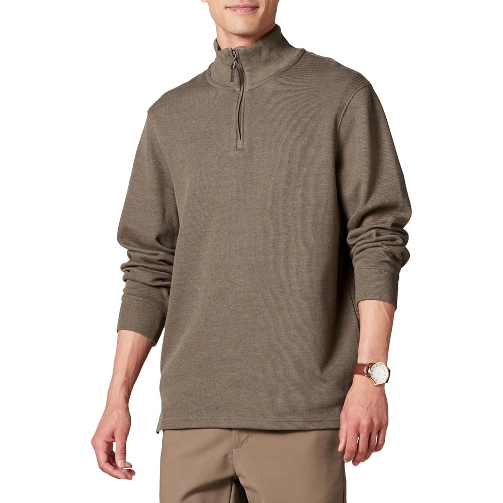 image:imageAmazon Essentials Mens QuarterZip French Rib Mock Neck Sweater Casual WearBrown Heather