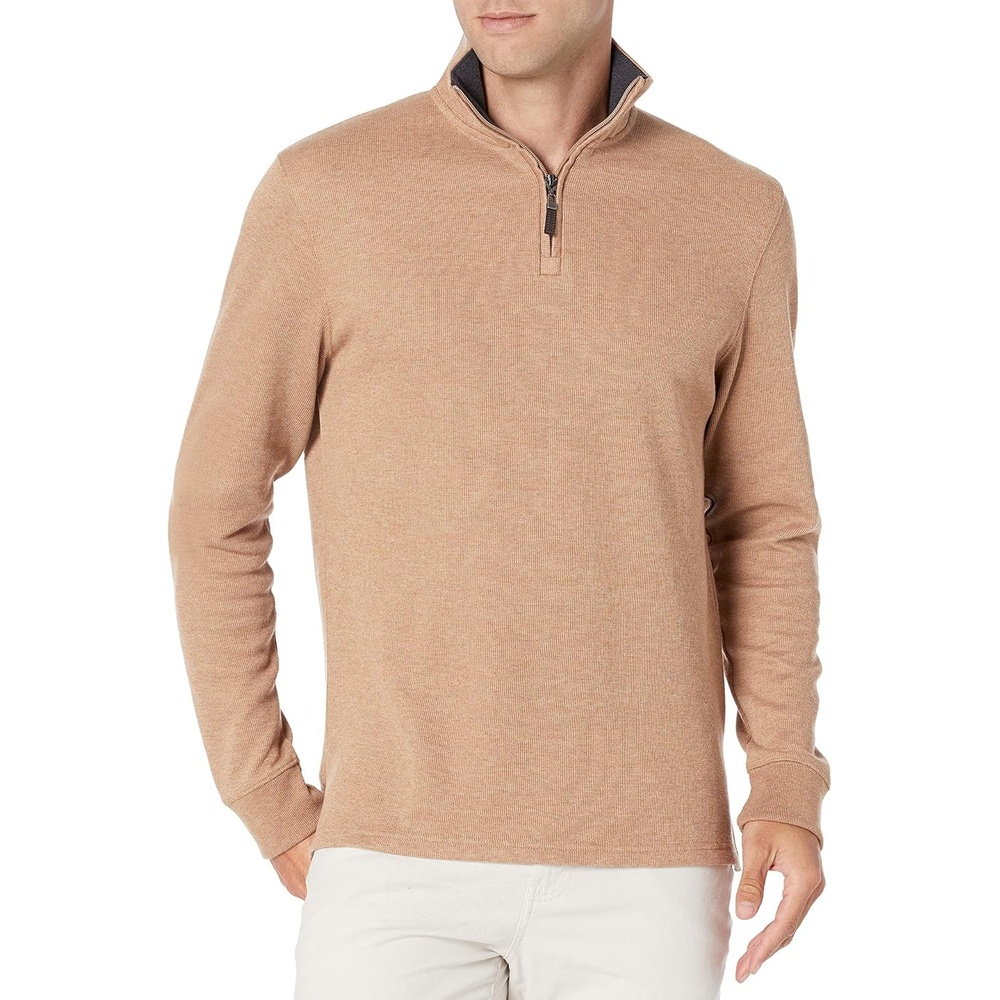 image:imageAmazon Essentials Mens QuarterZip French Rib Mock Neck Sweater Casual WearCamel Heather