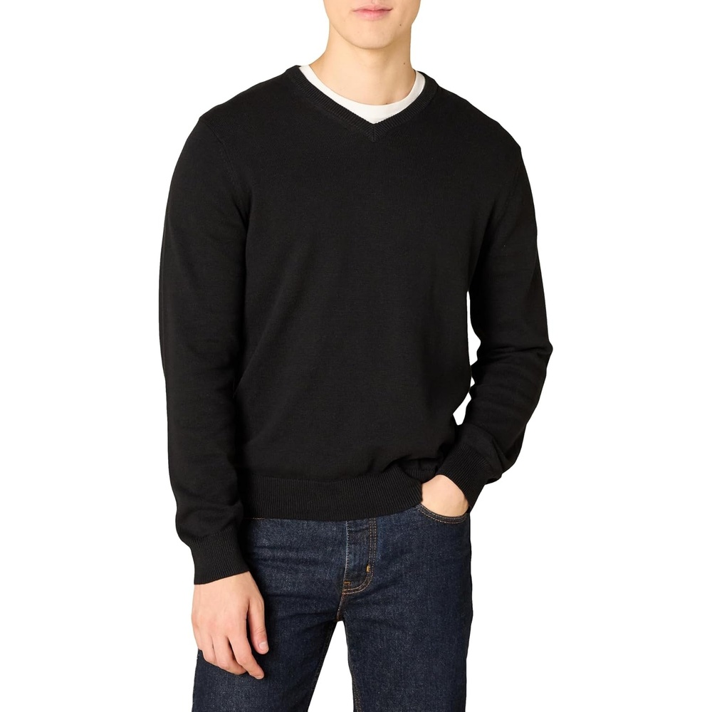 image:imageAmazon Essentials Mens Regular Fit Cotton VNeck Pullover Sweater Available in Big amp TallBlack