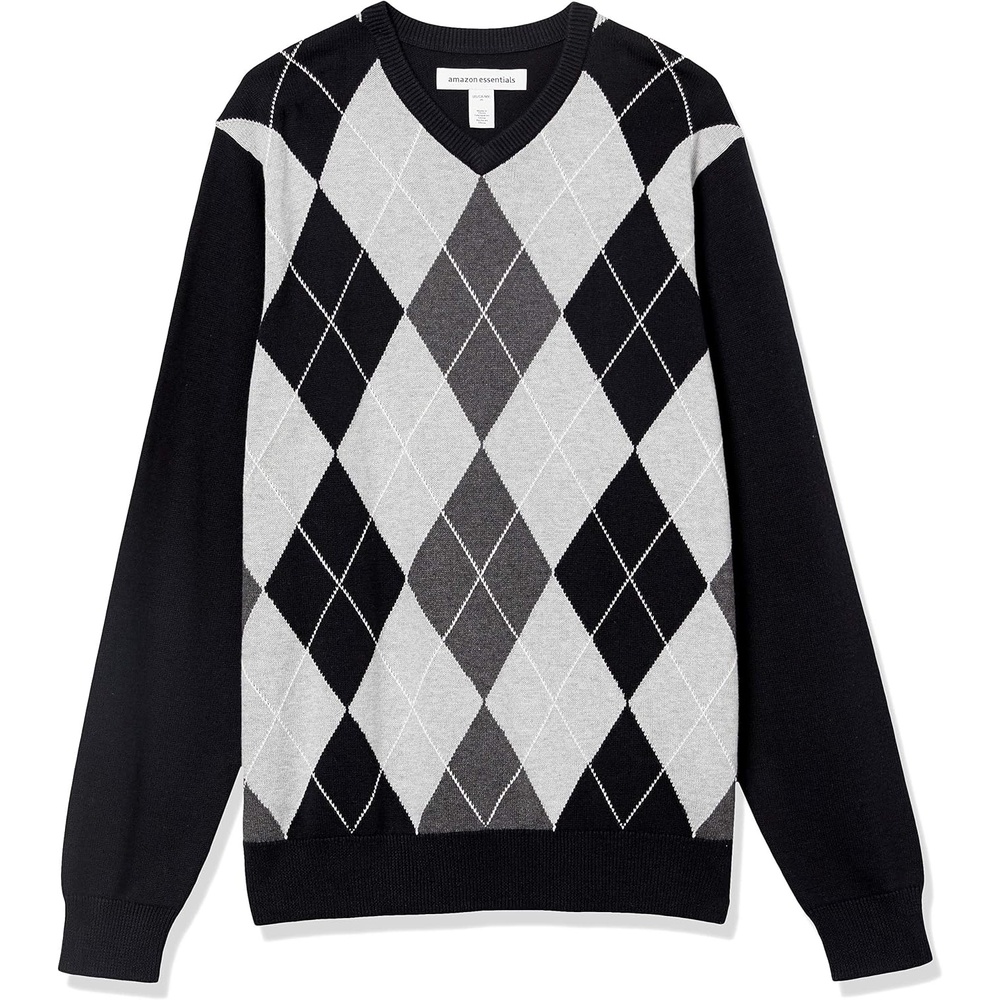 image:imageAmazon Essentials Mens Regular Fit Cotton VNeck Pullover Sweater Available in Big amp TallBlack Argyle