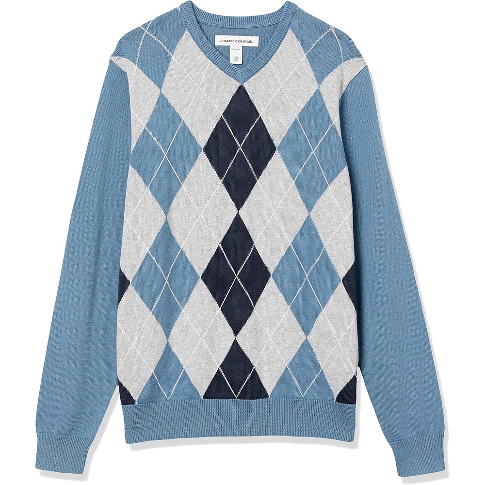 image:imageAmazon Essentials Mens Regular Fit Cotton VNeck Pullover Sweater Available in Big amp TallBlue Argyle