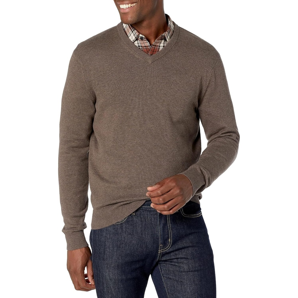 image:imageAmazon Essentials Mens Regular Fit Cotton VNeck Pullover Sweater Available in Big amp TallBrown Heather