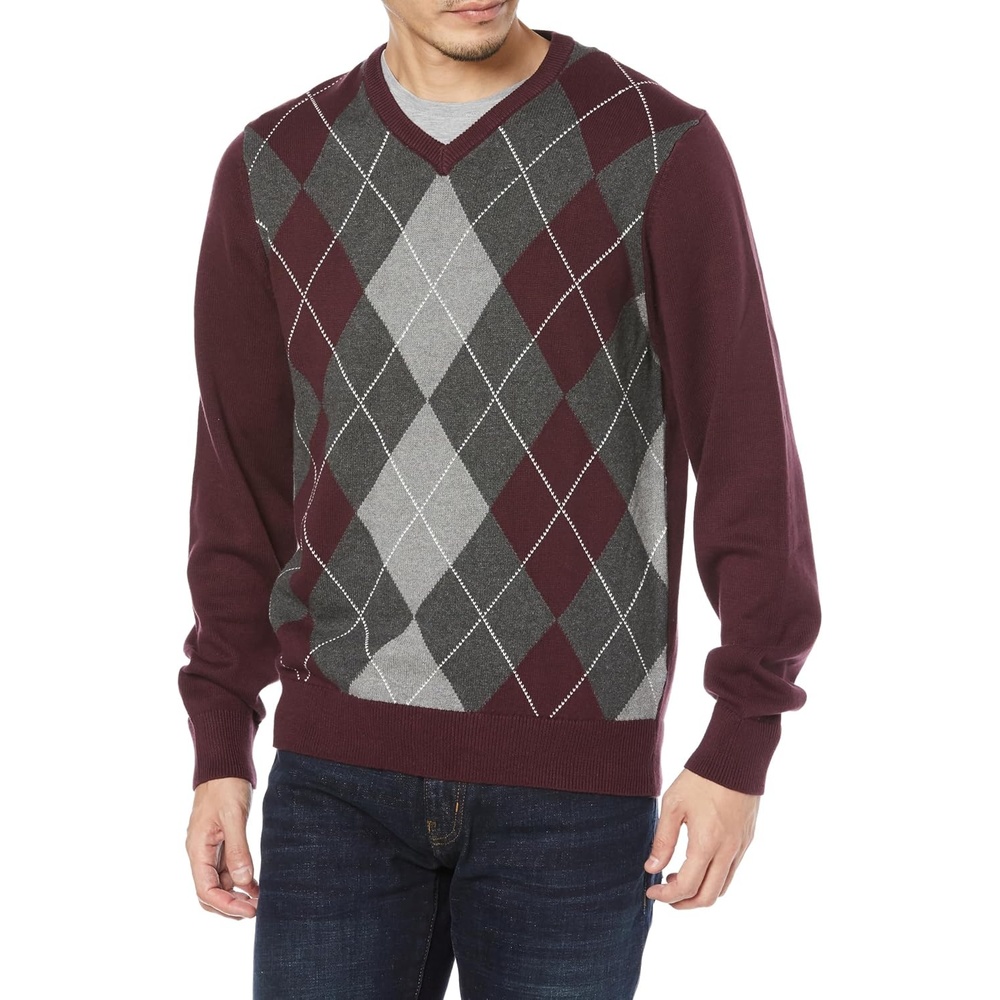 image:imageAmazon Essentials Mens Regular Fit Cotton VNeck Pullover Sweater Available in Big amp TallBurgundy Argyle