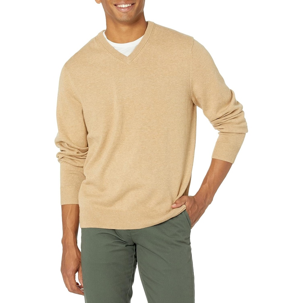 image:imageAmazon Essentials Mens Regular Fit Cotton VNeck Pullover Sweater Available in Big amp TallCamel Heather