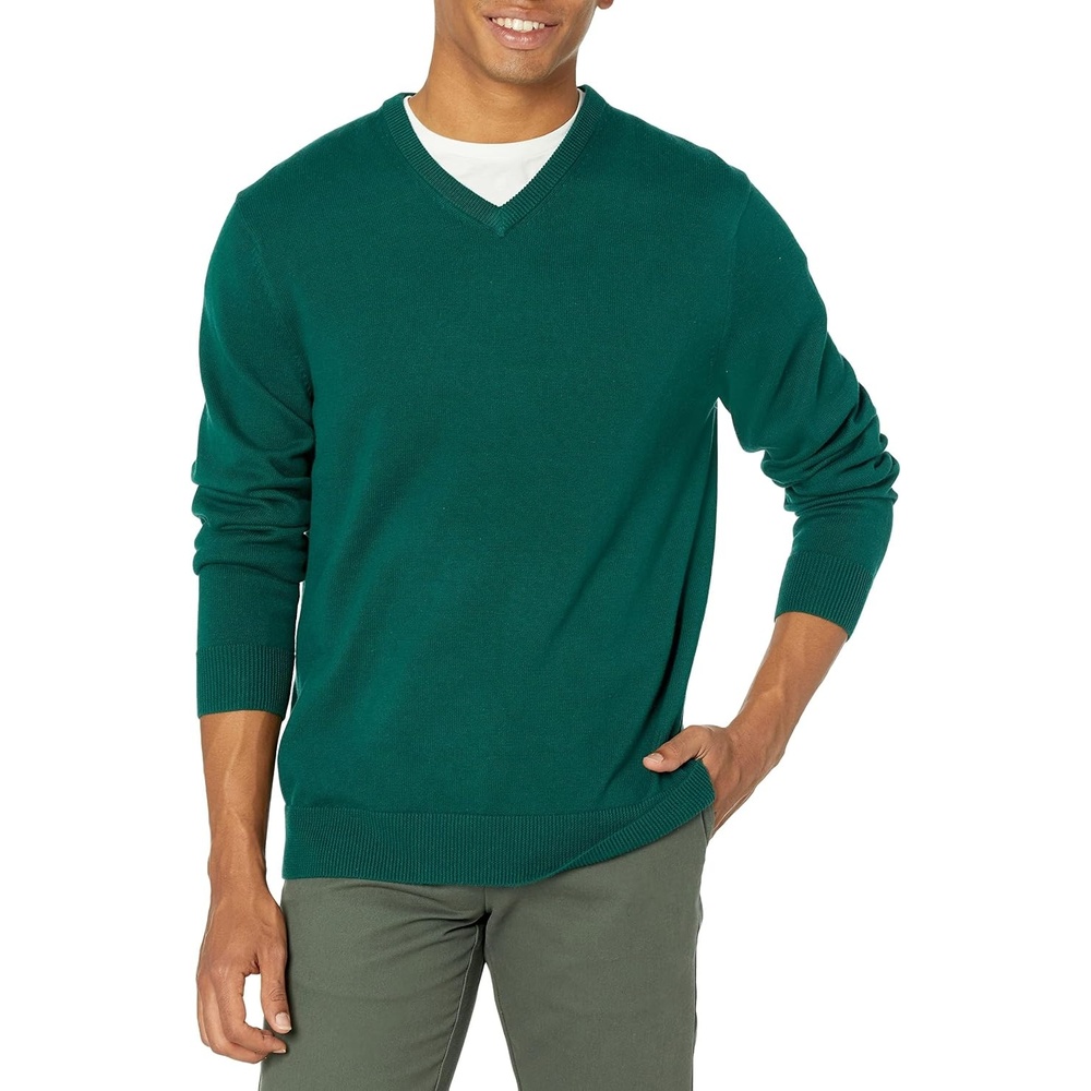 image:imageAmazon Essentials Mens Regular Fit Cotton VNeck Pullover Sweater Available in Big amp TallDark Green