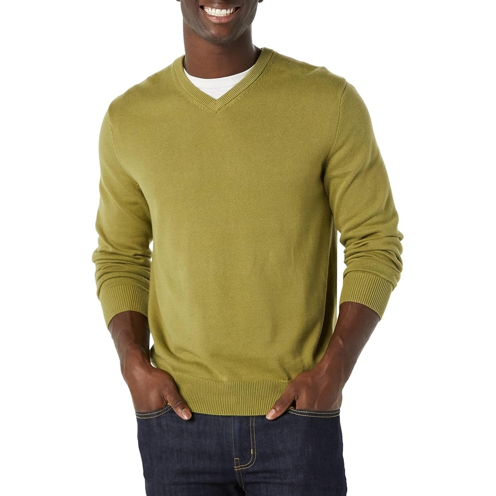image:imageAmazon Essentials Mens Regular Fit Cotton VNeck Pullover Sweater Available in Big amp TallGolden Olive