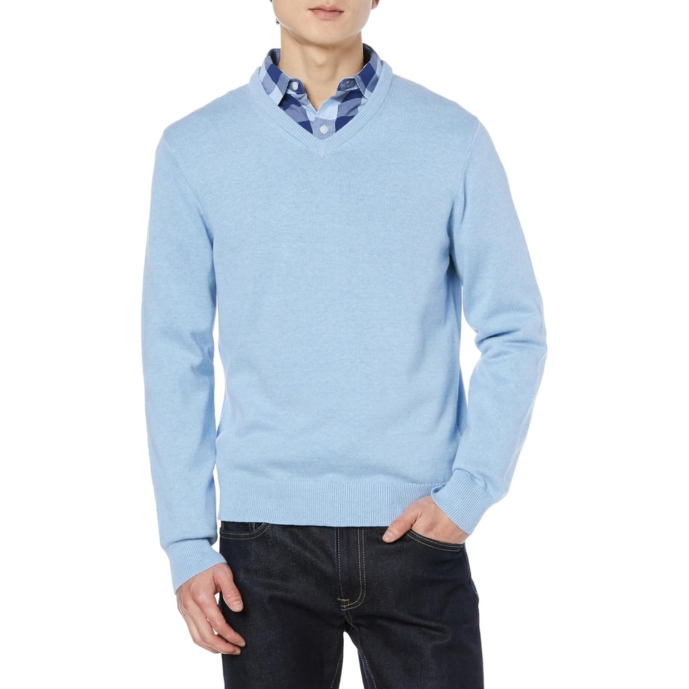 image:imageAmazon Essentials Mens Regular Fit Cotton VNeck Pullover Sweater Available in Big amp TallLight Blue Heather