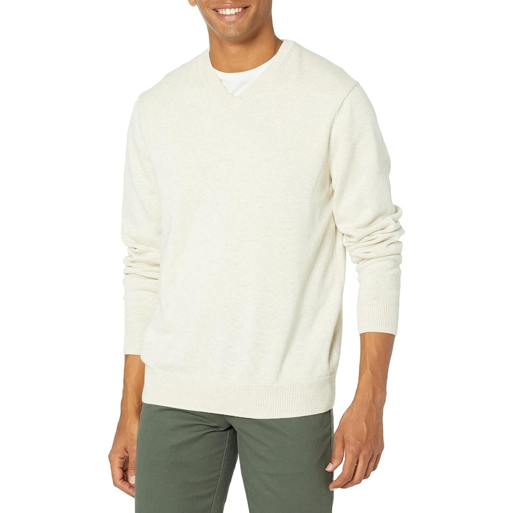 image:imageAmazon Essentials Mens Regular Fit Cotton VNeck Pullover Sweater Available in Big amp TallOatmeal Heather