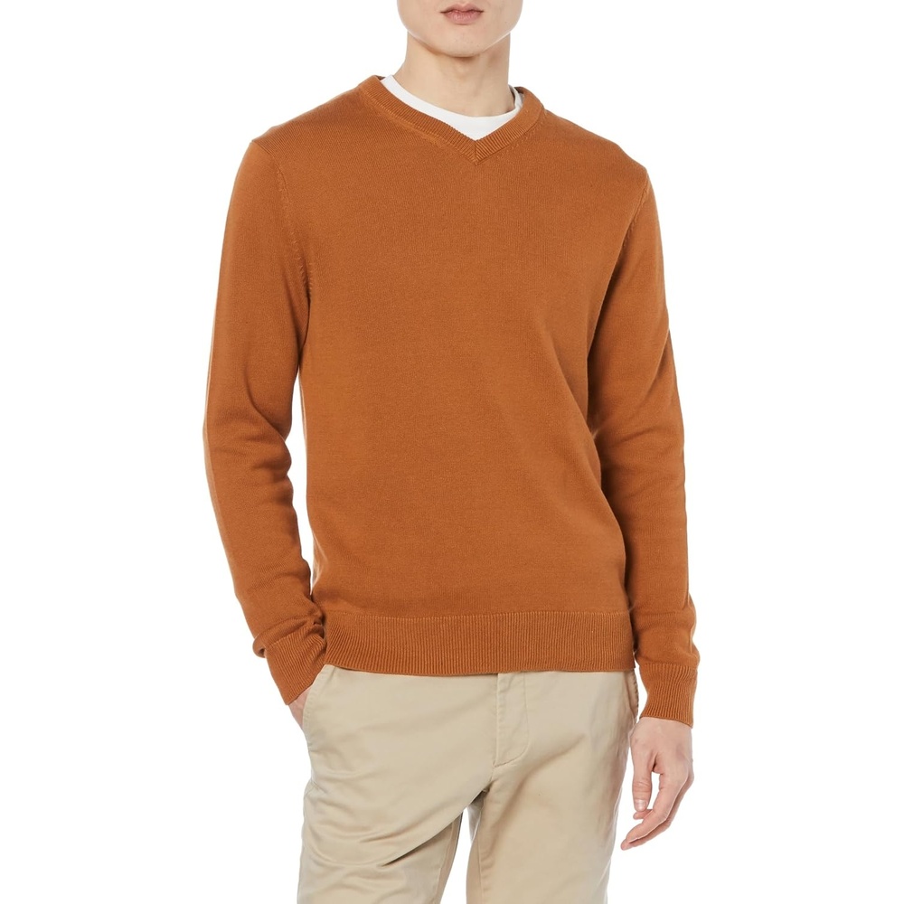 image:imageAmazon Essentials Mens Regular Fit Cotton VNeck Pullover Sweater Available in Big amp TallRust