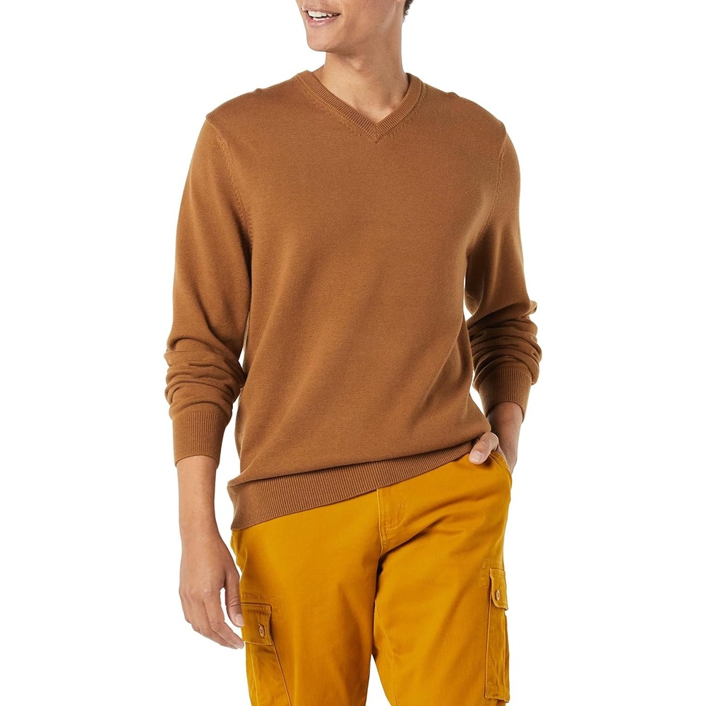 image:imageAmazon Essentials Mens Regular Fit Cotton VNeck Pullover Sweater Available in Big amp TallToffee Brown