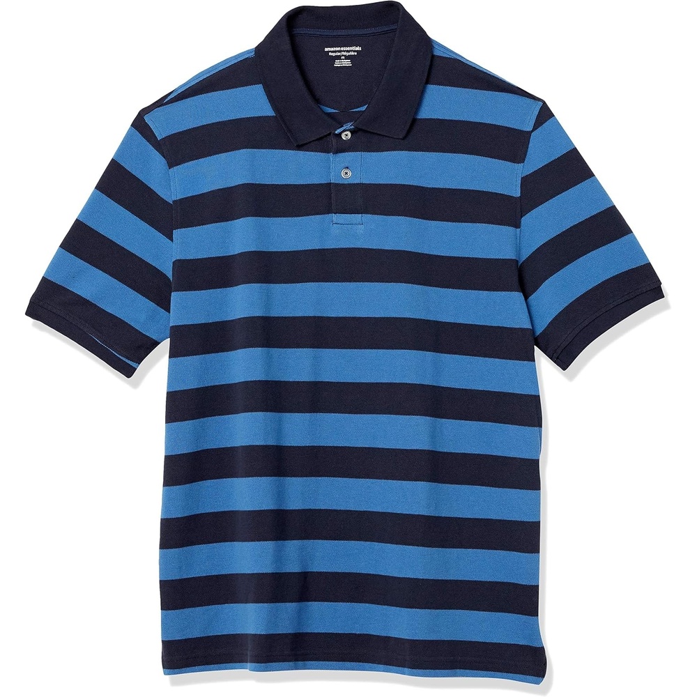image:imageAmazon Essentials Mens RegularFit Short Sleeve Cotton Pique Polo Shirt Available in Big amp TallBlack Blue Stripe