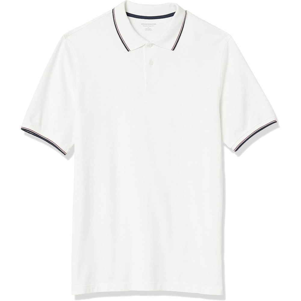 image:imageAmazon Essentials Mens RegularFit Short Sleeve Cotton Pique Polo Shirt Available in Big amp TallWhite Twin Stripe