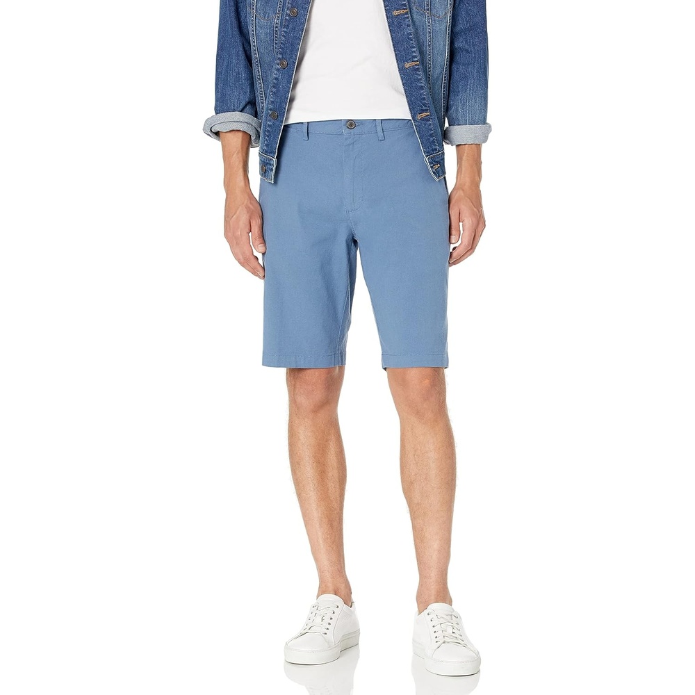 image:imageAmazon Essentials Mens SlimFit 11 Lightweight Comfort Stretch Oxford ShortsBlue
