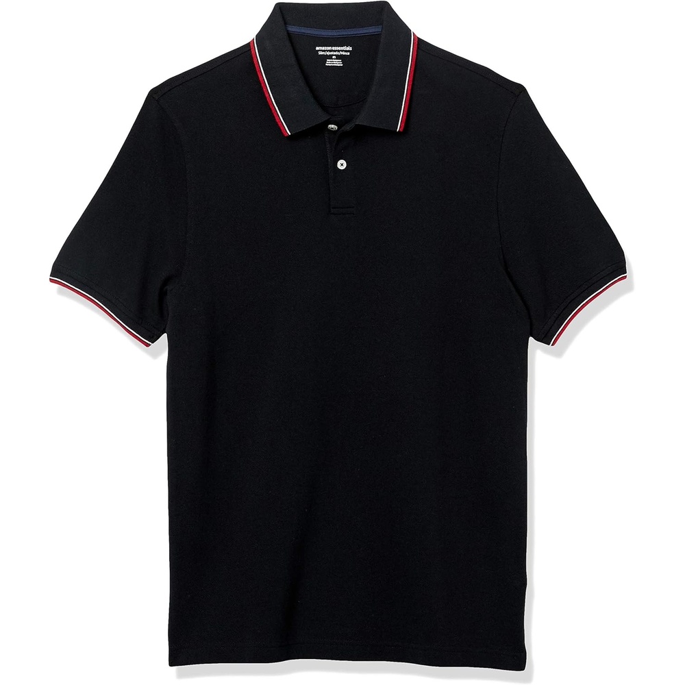 image:imageAmazon Essentials Mens SlimFit ShortSleeve Cotton Pique Polo ShirtBlack Thin Stripe